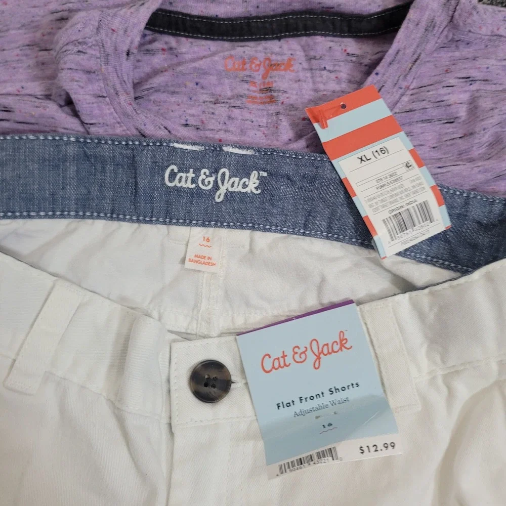 Cat & Jack Size 16 Short Set Boys Purple Space Dye Tee Shark Pizza White Shorts